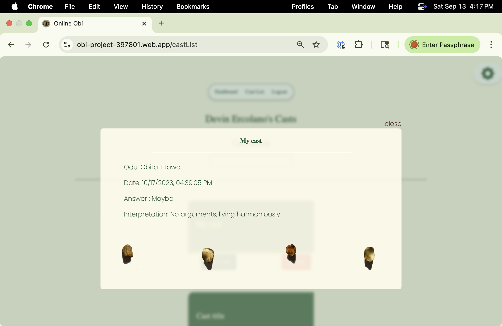 Divination details from Online Obi app